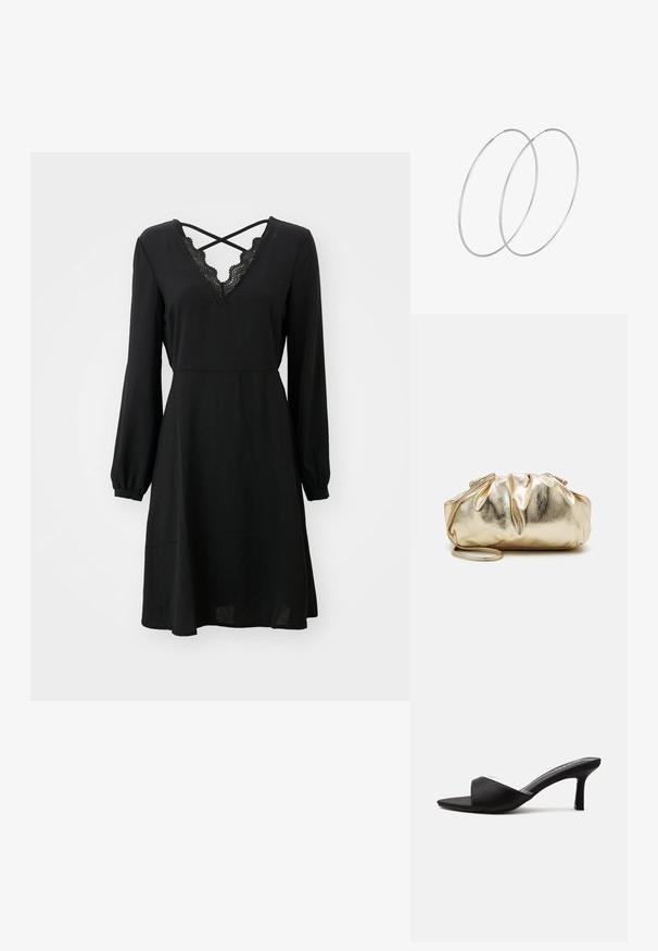 Schwarzes Kleid mit langen Puffärmeln, V-Ausschnitt mit Spitzenbeschichtung, tailliertem Schnitt und schwingendem Rock. Hergestellt aus leichtem, glattem Stoff.; Schwarzer offener Mule-Schuh mit mittelhohem, schlankem Absatz und breitem Riemen vorne, seitlich auf einfarbigem Hintergrund gezeigt.; Goldfarbene metallische Clutch-Tasche mit einer gekräuselten Textur, weicher runder Form und einem abnehmbaren Kettenriemen. Verfügt über ein gerafftes Design an der Oberseite.; Silberne Creolen mit minimalistischem Design. Rundform, glatte Oberfläche und dünnes Profil. Leichtgewichtig mit hochglänzender Oberfläche.