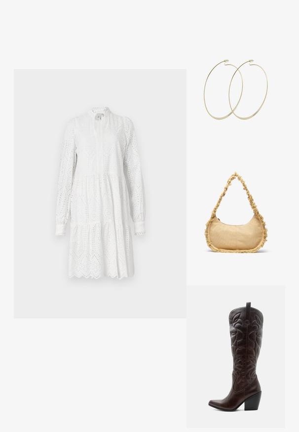 Vestido blanco de manga larga con patrón de ojales, escote alto y falda en capas. Presenta un dobladillo festoneado y un ligero fruncido en la cintura.; Bota vaquera alta de cuero marrón oscuro con patrones decorativos cosidos, punta puntiaguda y tacón de bloque apilado.; Bolso beige texturizado con forma redondeada, con un borde deshilachado a lo largo de los lados y una correa corta para llevar. Apertura con cremallera en la parte superior.; Pilgrim Pendientes - gold-coloured