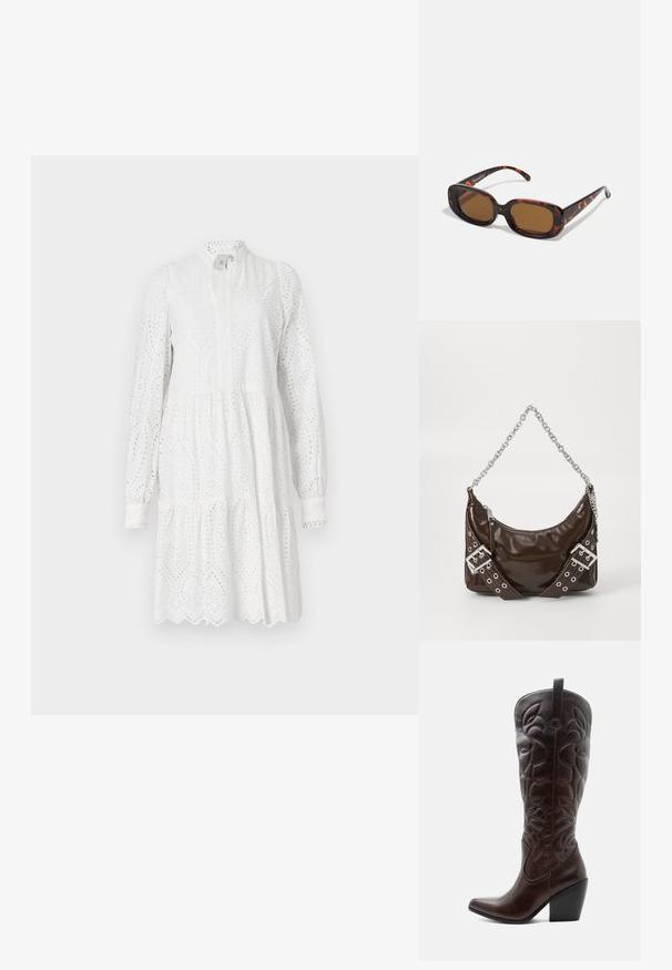 Witte lange mouw jurk met een oogjespatroon, hoge halslijn en gelaagde rok. Beschikt over een gegolfde zoom en lichte ruches bij de taille.; Lange donkerbruine leren cowboylaars met gestikte decoratieve patronen, spitse neus en gestapelde blokhak.; Schildpad zonnebril met een rechthoekige vorm, bruine lenzen, een gladde kunststof montuur en dunne veren met subtiele tonale patronen.; Donkerbruin gepolijst leren handtas met een zilveren kettingriem, decoratieve dubbele gespriemen, en ritssluiting.
