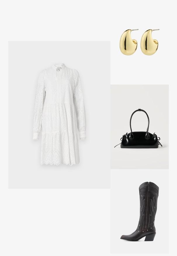 Vestido blanco de manga larga con patrón de ojales, escote alto y falda en capas. Presenta un dobladillo festoneado y un ligero fruncido en la cintura.; Botas de cowboy de cuero marrón con costuras en forma de llama, cremallera lateral, tachuelas plateadas, punta puntiaguda y tacón apilado.; Pequeño bolso negro brillante con dos asas largas y detalles de cordón lateral sobre un fondo claro liso.; Pendientes de stud en tono dorado con una superficie suave y pulida, que presentan una forma abstracta en forma de lágrima. Hardware de metal simple para la sujeción.