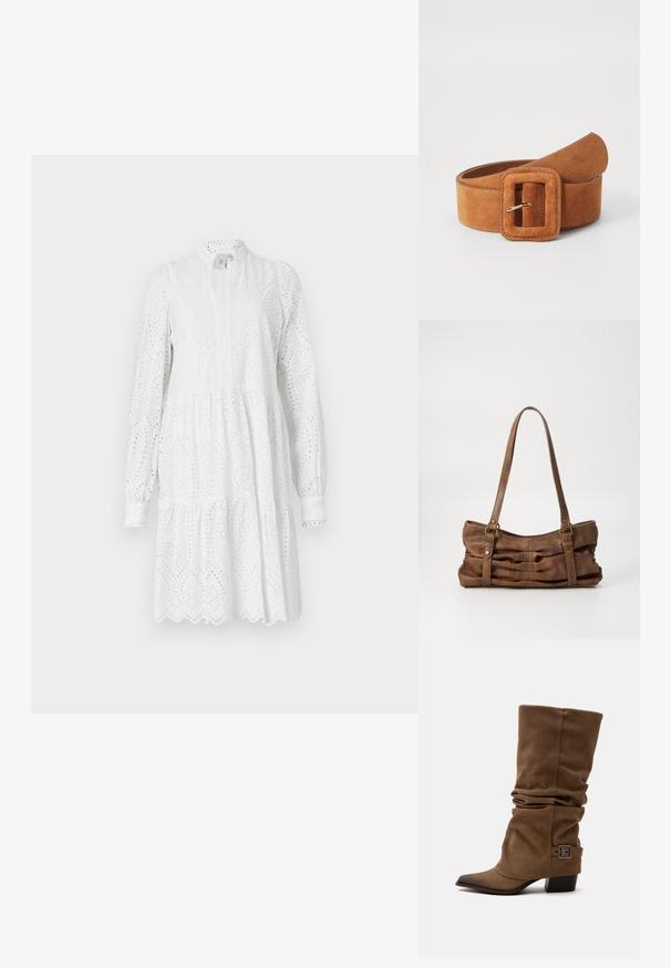 Vestido blanco de manga larga con patrón de ojales, escote alto y falda en capas. Presenta un dobladillo festoneado y un ligero fruncido en la cintura.; Bota marrón caída hasta la mitad de la pantorrilla con puntera puntiaguda, tacón bajo de bloque y correa decorativa con hebilla cerca del tobillo sobre un fondo blanco liso.; Even&Odd Bolso de mano - brown; ONLY ONLKAIA - Cinturón - cognac