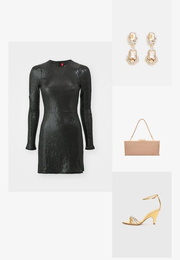 Schwarzes, paillettenbesetztes Kleid mit langen Ärmeln, rundem Ausschnitt, körperbetontem Schnitt und einem Reißverschluss auf der Rückseite. Hat eine glatte Textur und einen glänzenden Finish.; Goldene Sandale mit Absatz und Riemchen-Design, mit einem Band, das mit Strasssteinen akzentuiert ist. Offene Zehen, verstellbarer Knöchelriemen und schmal zulaufender Absatz.; Metallische roségoldene Clutch-Tasche mit einer strukturierten Mesh-Oberfläche, goldfarbenen Beschlägen und einem dünnen, geflochtenen Schultergurt.; Goldfarbene Tropfenohrhänger mit großen rechteckigen und runden klaren Kristallen, ergänzt durch kleinere Akzentsteine und einem geschichteten Design.