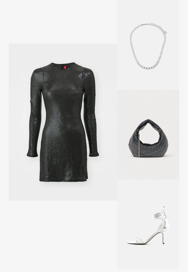 Schwarzes, paillettenbesetztes Kleid mit langen Ärmeln, rundem Ausschnitt, körperbetontem Schnitt und einem Reißverschluss auf der Rückseite. Hat eine glatte Textur und einen glänzenden Finish.; Silberne High-Heel-Sandale mit dünnen Riemchen, Knöchelriemen und schlankem Stilettoabsatz auf weißem, einfarbigem Hintergrund.; Schwarze Netz-Handtasche verziert mit silbernen Nieten, mit einem gebogenen Griff und einem Kettenriemen. Weiche Textur mit runder Form.; Halskette in Silberoptik mit einer Reihe runder, klarer Steine, die eng zusammengefasst sind und mit einem Karabinerverschluss geschlossen werden.