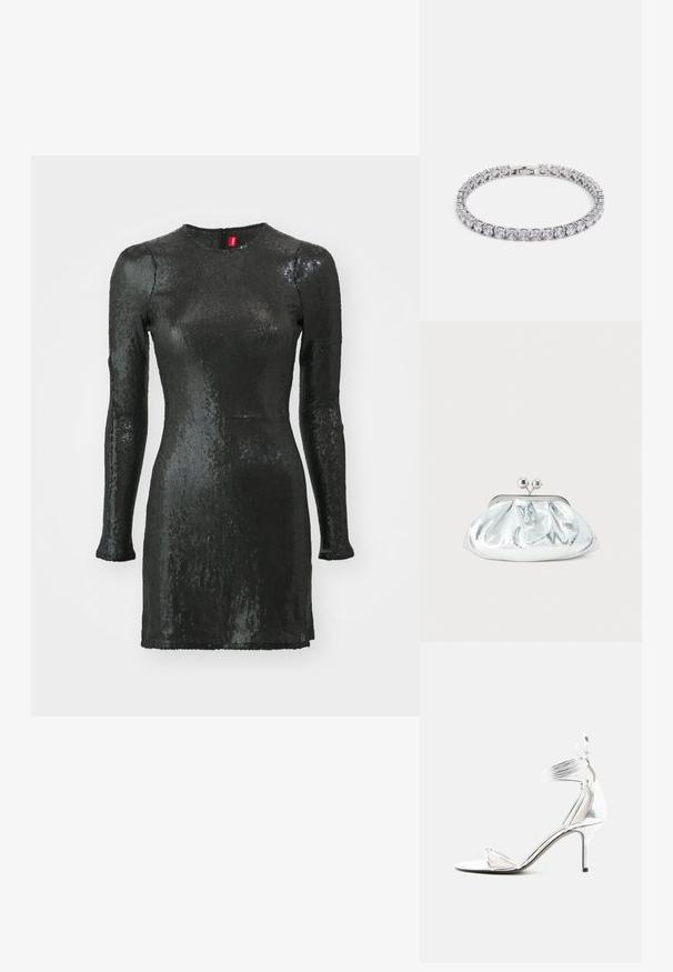 Schwarzes, paillettenbesetztes Kleid mit langen Ärmeln, rundem Ausschnitt, körperbetontem Schnitt und einem Reißverschluss auf der Rückseite. Hat eine glatte Textur und einen glänzenden Finish.; Silberne High-Heel-Sandale mit dünnen Riemchen, Knöchelriemen und schlankem Stilettoabsatz auf weißem, einfarbigem Hintergrund.; Kleine silberne Metallic-Clutch mit gerundetem, gerafftem Design und einem Verschluss mit zwei silbernen Kugeln.; Silberarmband mit mehreren klaren, runden und quadratischen Kristallen, die in einem symmetrischen Muster angeordnet sind, und einem Verschluss.