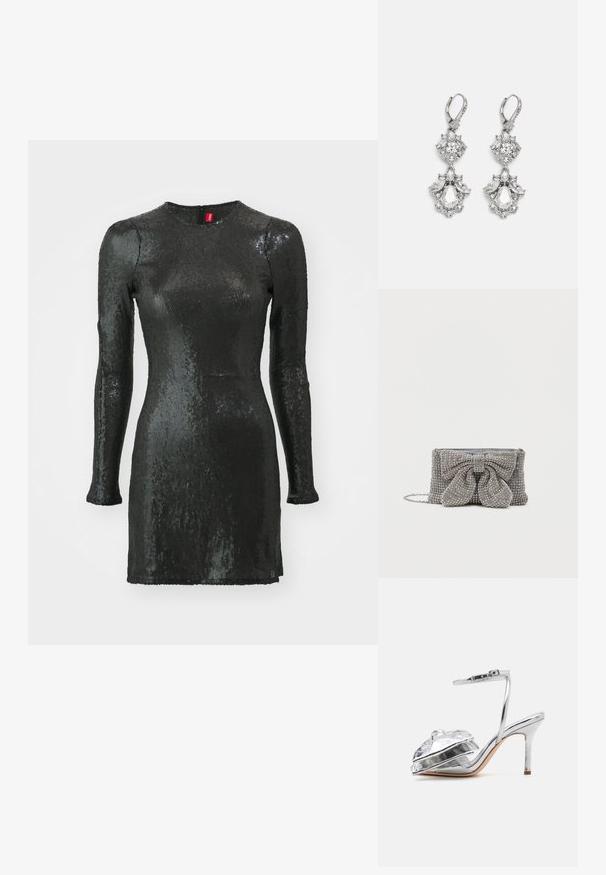 Schwarzes, paillettenbesetztes Kleid mit langen Ärmeln, rundem Ausschnitt, körperbetontem Schnitt und einem Reißverschluss auf der Rückseite. Hat eine glatte Textur und einen glänzenden Finish.; Loeffler Randall MARLENA - High Heel Sandalette - silver; Funkelnde graue Handtasche mit strukturierter Oberfläche, die vorne mit einer großen Schleifenakzentierung versehen ist und über einen Kettenriemen verfügt. Kompakte rechteckige Form.; Silberfarbene Ohrringe mit mehreren klaren Kristallgemmen in Tropfen- und Marquiseformen, mit Klappverschluss und kunstvollen Details.