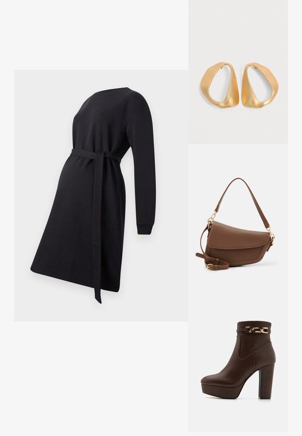 Vestido de maternidad negro hecho de tela suave, con mangas largas, un escote redondo y un cinturón atado en la cintura para ajuste.; Botas de tobillo de cuero marrón con suela de plataforma y tacón cuadrado alto. Presentan un detalle de cadena dorada alrededor del tobillo. Textura suave, diseño elegante.; Bolso de hombro de cuero marrón con acabado texturizado, forma curvada, herrajes en tono dorado, correa ajustable y cierre de solapa.; Par de pendientes de aro dorados irregulares y asimétricos con acabado suave y mate sobre fondo neutro.