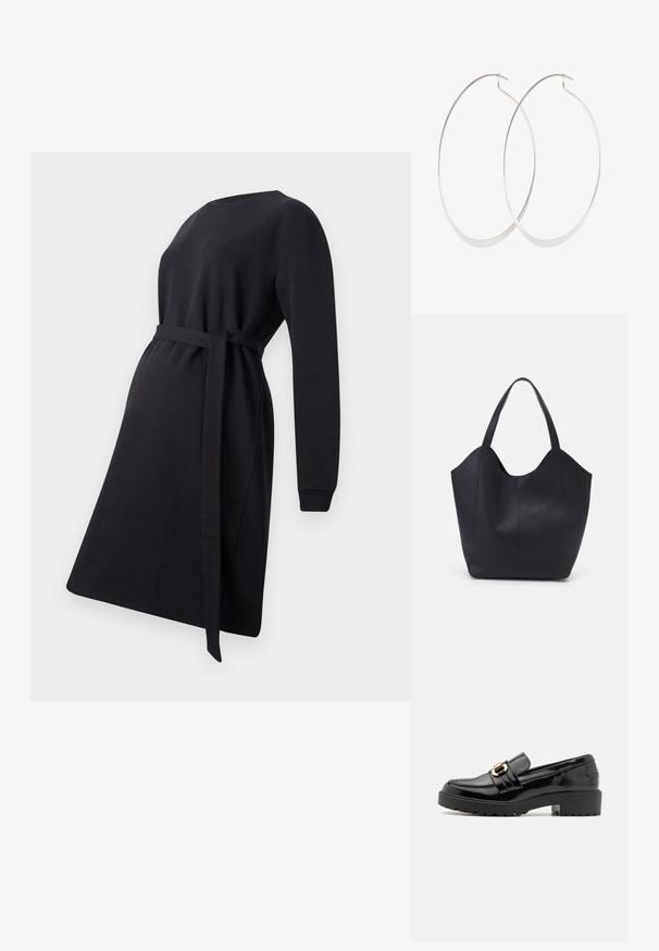 Vestido de maternidad negro hecho de tela suave, con mangas largas, un escote redondo y un cinturón atado en la cintura para ajuste.; Mocasines de charol negro con un bajo tacón cuadrado, que presentan una prominente hebilla en tono dorado y una suela texturizada con relieve.; Bolso tote negro fabricado en cuero liso, con un diseño minimalista que presenta un borde superior curvado y dos asas para el hombro.; Pendientes de aro plateados con un diseño delgado y suave; forma ovalada alargada; acabado pulido; presentan un cierre de gancho seguro.