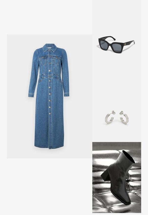 Denim jurk met lange mouwen, knoopsluiting aan de voorkant, twee borstzakken, getailleerde taille en rechte midi-lengte zoom. Lichtblauwe kleur en klassieke kraag.; Zwarte enkellaarsjes van glanzend materiaal met een vierkante neus en taps toelopende hak, afgezet tegen een glanzende zilveren gecapitonneerde achtergrond.; Zwarte zonnebril met een gedurfde vierkante vorm, voorzien van donkere lenzen en een gouden logo-accent op één arm. Gemaakt van glanzend kunststofmateriaal.; Zilveren metalen hoepel oorbellen met een gestructureerd ontwerp, voorzien van een kleine post achter en branding op een van de hoepels. Ronde vorm met een gepolijste afwerking.