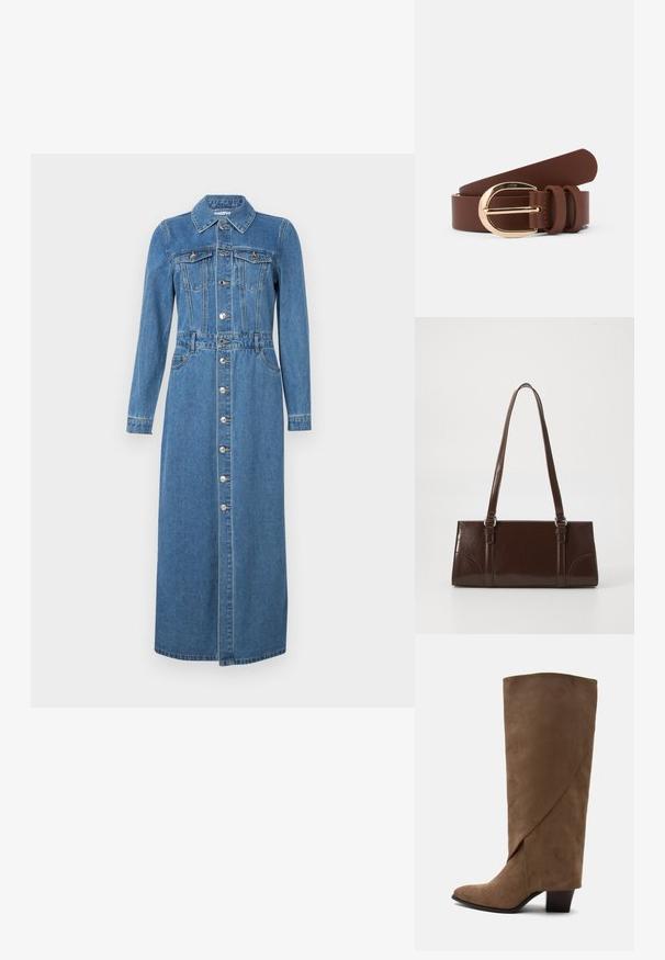 Jeanskleid mit langen Ärmeln, Knopfleiste, zwei Brusttaschen, taillierter Passform und geradem Midi-Längen-Saum. Hellblaue Farbe und klassischer Kragen.; Brauner kniehoher Veloursleder-Stiefel mit gefaltetem Detail und mittelhohem Blockabsatz, seitlich auf weißem Hintergrund gezeigt.; Braune Lackleder-Handtasche in rechteckiger Form, mit zwei langen Griffen und subtilen, geschwungenen Akzenten auf der Vorderseite.; Brauner Ledergürtel mit einer glänzenden goldenen Schnalle und zwei Lederschlaufen. Glatte Textur, flaches Design und abgerundete Enden.