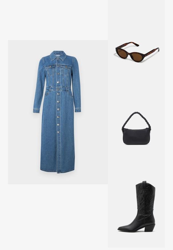 Jeanskleid mit langen Ärmeln, Knopfleiste, zwei Brusttaschen, taillierter Passform und geradem Midi-Längen-Saum. Hellblaue Farbe und klassischer Kragen.; Schwarze Leder-Cowboy-Stiefel mit spitzem Zeh, geprägten, wirbelnden Mustern und einem mittelhohen Absatz. Mit einem Zuglasche für einfaches An- und Ausziehen.; Braune Schildpatt-Sonnenbrille mit einer Vintage-Cat-Eye-Form und braunen Gläsern. Verfügt über gebogene Bügel mit roten Akzenten.; Schwarze Handtasche mit runder Form, aus glattem Material gefertigt. Verfügt über einen geflochtenen Griff und einen Reißverschluss für sicheren Stauraum.