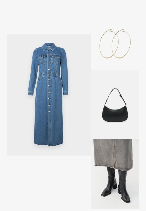 Denim jurk met lange mouwen, knoopsluiting aan de voorkant, twee borstzakken, getailleerde taille en rechte midi-lengte zoom. Lichtblauwe kleur en klassieke kraag.; Zwarte laarzen tot de knie van soepel leer met een vierkante neus en blokhak. Draag ze met een grijze denim rok met een rafelige zoom.; Pieces PCALUANA SHOULDER BAG - Handtas - black; Pilgrim Oorbellen - gold-coloured