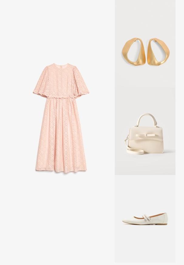 Robe midi en dentelle rose clair avec un motif en diamant, encolure ronde et manches amples à mi-longueur.; Ballerines en cuir verni blanc avec un bout pointu, deux sangles décoratives avec des boucles en argent, et une semelle marron discrète.; Petit sac à main beige avec poignée supérieure, bandoulière amovible, rabat avant et nœud horizontal décoratif sur un fond uni.; Paire de boucles d’oreilles créoles en or irrégulières et asymétriques avec une finition lisse et mate sur un fond neutre.