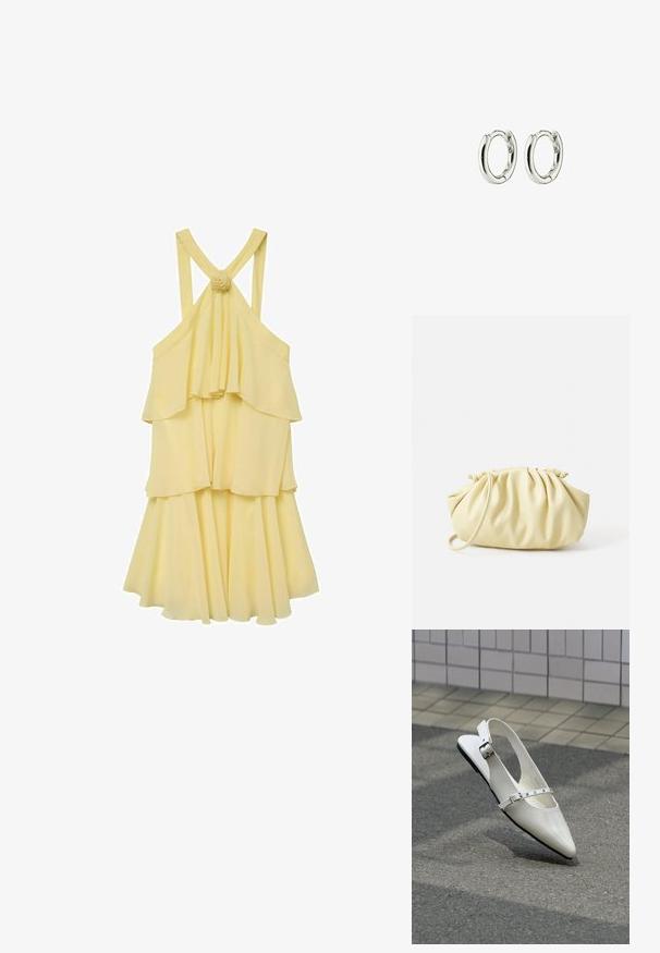 Gul lagdelt kjole med et flydende design, der har spaghetti stropper og en rynket ryg. Pyntet med en blomsterdetalje ved stropperne.; Hvid spids slingback flad sko med to sølvspænder, vist udendørs på tekstureret underlag og flisebelagt væg baggrund.; Gul plisseret håndtaske lavet af glat kunstlæder, med en blød form, en enkelt skulderrem og samlet topdesign.; Sølv hoops øreringe med en glat, shiny finish. Rundet form med en sikker lukning. Minimalistisk design med en subtil twist-detalje.