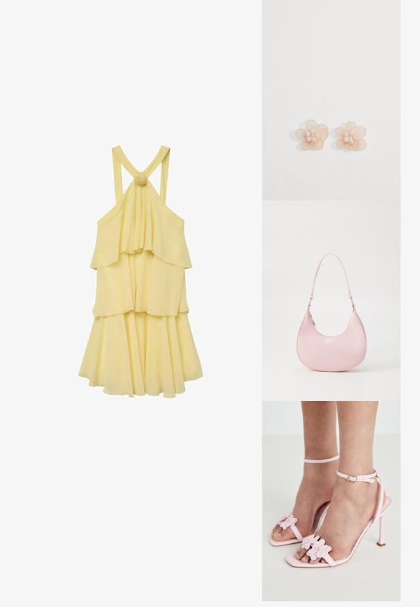 Vestido amarillo de capas con un diseño fluido, que presenta tirantes finos y una parte trasera fruncida. Acentuado con un detalle de flor en los tirantes.; Sandalias de tacón alto rosas con apliques florales, tiras delgadas en el tobillo y diseño destalonado. Textura suave y forma de puntera puntiaguda.; Call it Spring CELESTY - Bolso de mano - other pink; Par de pendientes de botón beige en forma de flor con pétalos translúcidos y pequeñas cuentas redondas agrupadas en el centro sobre un fondo blanco.
