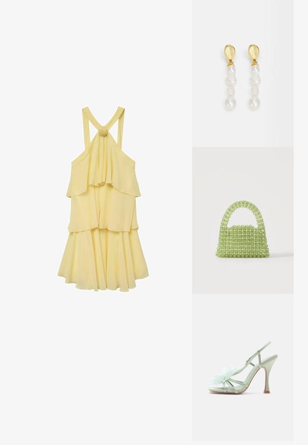 Vestido amarillo de capas con un diseño fluido, que presenta tirantes finos y una parte trasera fruncida. Acentuado con un detalle de flor en los tirantes.; Sandalia de tacón alto verde claro con tiras delgadas y una gran decoración de flor de tela en la zona de los dedos.; Pequeño bolso verde hecho de cuentas redondas translúcidas con un asa con cuentas sobre un fondo blanco liso.; Pendientes en tono dorado que presentan un racimo de perlas blancas irregulares, con un botón liso y redondeado en la parte superior y de diferentes tamaños de perlas.