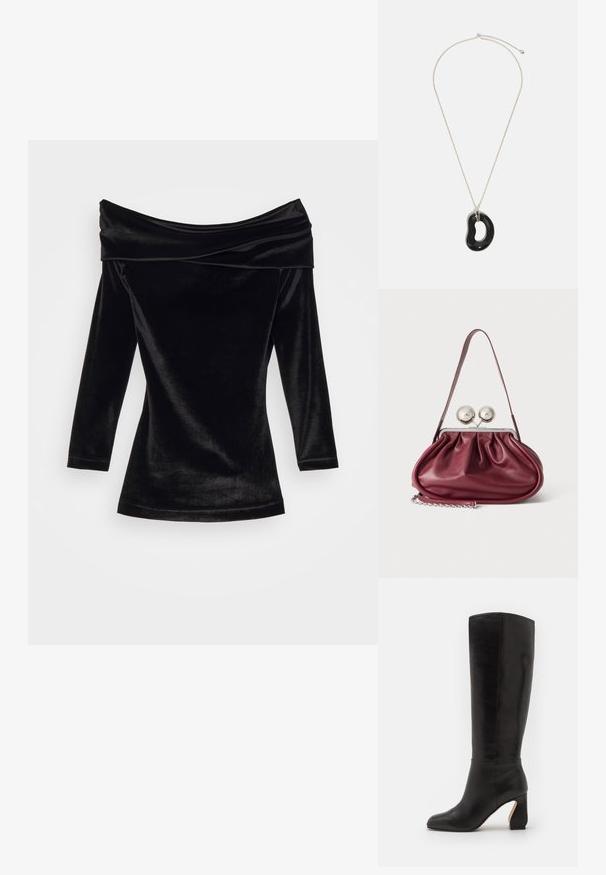 GmbH OFF SHOULDER MINI DRESS - Cocktail φόρεμα / Φόρεμα για πάρτι - black; SI ROSSI BOOT - Μπότες - black; Μικρή τσάντα χειρός από βουργουνδίας δέρμα με ραμμένα λεπτομερή, λεπτό λουράκι και ασημένιο κούμπωμα με δύο μεγάλα στρογγυλά κουμπιά.; Μαύρο pendant κολιέ από ρητίνη σε ασημένια αλυσίδα. Το pendant διαθέτει μια αφηρημένη, οργανική μορφή με κενό στο κέντρο. Λείος υφής.