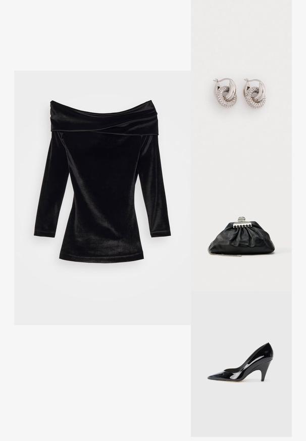GmbH OFF SHOULDER MINI DRESS - Cocktail φόρεμα / Φόρεμα για πάρτι - black; Μαύρο παπούτσι με ψηλό τακούνι από λουστρίνι, με αιχμηρή μύτη και καμπυλωτό τακούνι, που διαθέτει μια ομαλή, γυαλιστερή επιφάνεια.; Μαύρο δερμάτινο τσαντάκι χειρός με σχεδιασμό πιέτας, ασημένια πόρπη και αλυσίδα ως λουράκι. Διακριτικό λογότυπο ανάγλυφο στο μπροστινό μέρος.; Σκουλαρίκια κρίκοι σε ασημί τόνο που διαθέτουν διασυνδεδεμένα σχέδια με υφασμένη επιφάνεια και διακοσμημένα με μικρές λαμπερές πολύτιμες πέτρες σε όλη τους την επιφάνεια.
