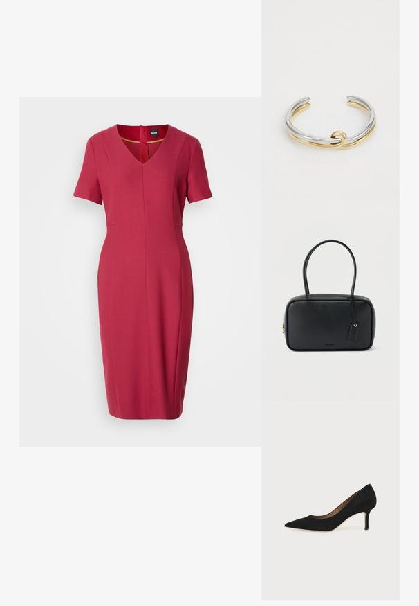 Robe rouge ajustée avec des manches courtes, décolleté en V et un détail en trou de clé au dos. Fabriquée à partir d'un tissu lisse avec des coutures décoratives.; Escarpin en daim noir à bout pointu avec un talon stiletto fin de hauteur moyenne et un design à coupe basse sur un fond uni.; Sac à main rectangulaire noir avec doubles poignées arrondies, fermeture éclair dorée et logo "HUGO" embossé sur le devant avec une étiquette en cuir attachée.; Bracelet en métal avec des bandes entrelacées en argent et en or, finition lisse et polie. Détail de nœud notable au centre.