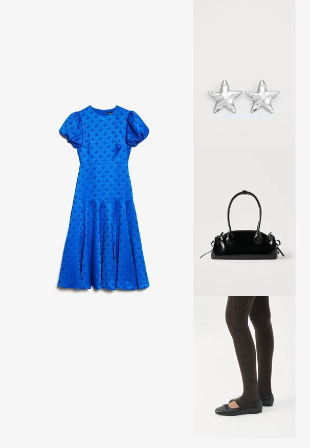 Vestido midi azul con mangas cortas abullonadas, cintura ajustada, sutil patrón de jacquard floral y paneles de falda acampanados.; Piernas con leggings oscuros acanalados combinados con bailarinas negras que presentan pequeños detalles de lazo sobre un fondo blanco.; Pequeño bolso negro brillante con dos asas largas y detalles de cordón lateral sobre un fondo claro liso.; Pendientes en forma de estrella plateada con una superficie pulida y brillante. Cada pendiente presenta cinco puntas y sutiles detalles de textura en la superficie.