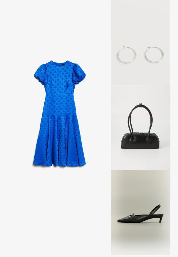 Blauwe midi-jurk met opstaande korte mouwen, getailleerde taille, subtiel bloemmotief in jacquard en uitlopende rokpanelen.; Zwarte lederen slingback kitten heel met puntige neus en klein gouden gespsluiting op een effen achtergrond.; Zwarte leren handtas met twee verlengde handvatten, ritsluiting en ronde vorm; gladde textuur met subtiele glanzende afwerking.; Zilverkleurige metalen creolen oorbellen met een glad, licht gebogen oppervlak en sluitingen met haaksluiting op een effen witte achtergrond.