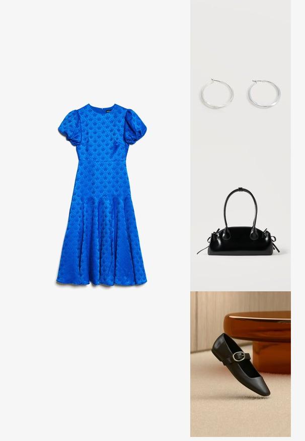 Blauwe midi-jurk met opstaande korte mouwen, getailleerde taille, subtiel bloemmotief in jacquard en uitlopende rokpanelen.; Zwarte leren Mary Jane platte schoen met zilveren gesp, getoond op een beige tapijt vlakbij een bruine ronde tafelpoot.; Kleine zwarte glanzende handtas met twee lange hengsels en zijkant trekkoord details op een effen lichte achtergrond.; Zilverkleurige metalen creolen oorbellen met een glad, licht gebogen oppervlak en sluitingen met haaksluiting op een effen witte achtergrond.