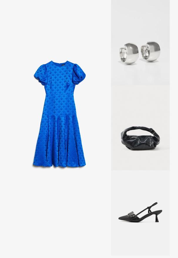 Vestido midi azul con mangas cortas abullonadas, cintura ajustada, sutil patrón de jacquard floral y paneles de falda acampanados.; Simmi London DALA - Tacones - black; Bolso negro hecho de un material brillante y texturizado con un asa circular retorcida y un cierre de cremallera. Presenta un diseño suave y arrugado.; Uncommon Matters SCULPTURAL LARGE CREOLE - Pendientes - silver-coloured