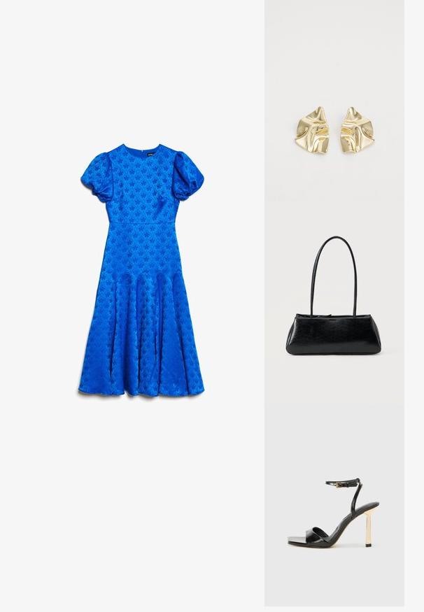 Vestido midi azul con mangas cortas abullonadas, cintura ajustada, sutil patrón de jacquard floral y paneles de falda acampanados.; ALDO ILLUSTRIOUS - Sandalias de tacón - black; Bolso de hombro rectangular negro con correas largas y delgadas y una textura lisa y brillante sobre un fondo liso.; Pendientes metálicos dorados con un diseño ondulado; superficie lisa y reflectante; forma asimétrica; sin patrones o elementos visibles.