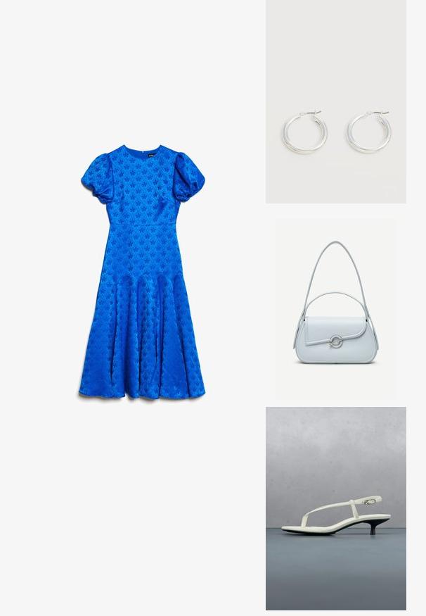 Vestido midi azul con mangas cortas abullonadas, cintura ajustada, sutil patrón de jacquard floral y paneles de falda acampanados.; Sandalia blanca de tacón kitten con tiras y punta afilada, flotando sobre un suelo de baldosas de madera al aire libre, con un fondo desenfocado de plantas y pared.; Bolso de cuero azul claro con solapa redondeada, cierre circular plateado y dos correas para el hombro sobre un fondo liso.; Par de pendientes de aro plateados brillantes de tamaño mediano con cierres metálicos finos sobre un fondo neutro claro.
