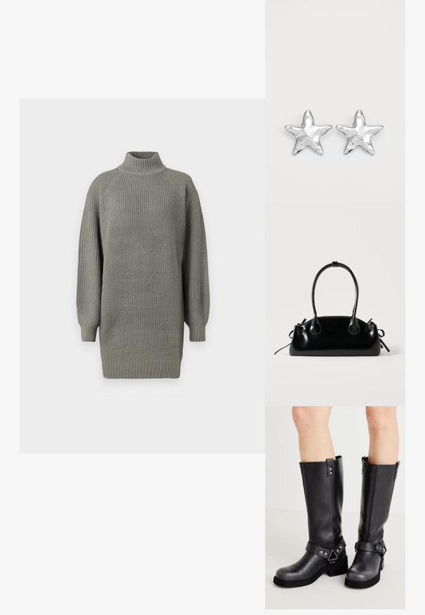 Übergroßer grauer Strickpullover mit hohem Kragen, gerippten Bündchen und strukturierter Oberfläche. Verfügt über gesenkte Schultern und eine lockere Passform.; Schwarze Lederstiefel bis zum Knie mit weiter Schaftweite, Riemenverzierungen, silbernen Beschlägen und flacher Sohle. Glatte Textur mit leichtem Glanz.; Kleine schwarze glänzende Handtasche mit zwei langen Griffen und seitlichen Kordelzug-Details vor einfachem hellem Hintergrund.; Silberne sternförmige Ohrringe mit einer polierten, glänzenden Oberfläche. Jeder Ohrring hat fünf Spitzen und dezente Oberflächentexturdetails.