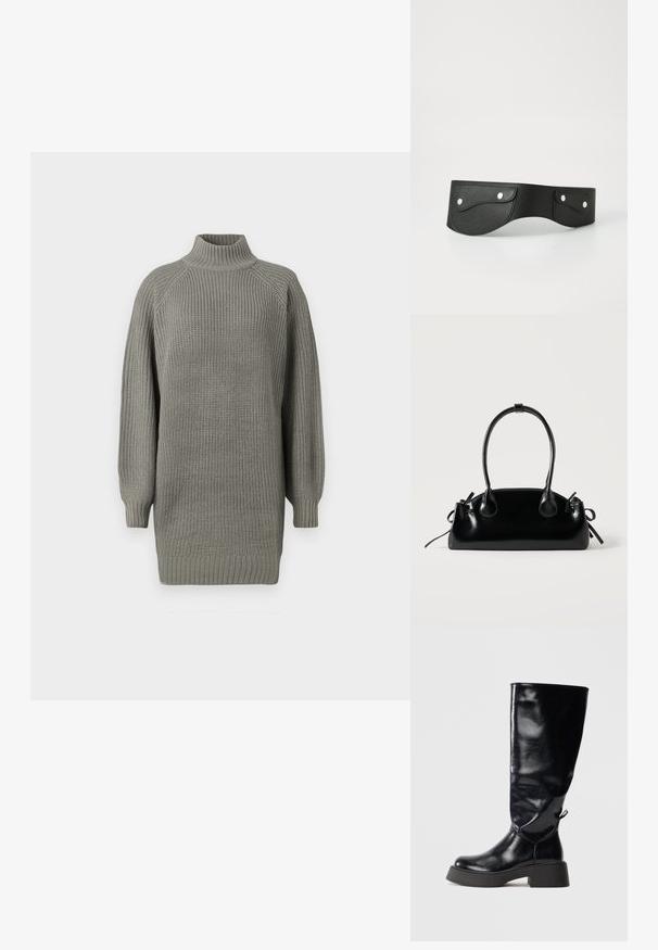 Suéter gris de punto de gran tamaño con cuello alto, puños de canalé y superficie texturizada. Presenta hombros caídos y un fit holgado.; Botas de cuero negro hasta la rodilla con un acabado brillante, puntera redondeada, tacón de plataforma grueso y detalle decorativo en la parte posterior.; Pequeño bolso negro brillante con dos asas largas y detalles de cordón lateral sobre un fondo claro liso.; Cinturón de cuero negro con dos bolsillos redondeados, asegurados con botones a presión plateados. Textura suave, diseño ligeramente curvado.