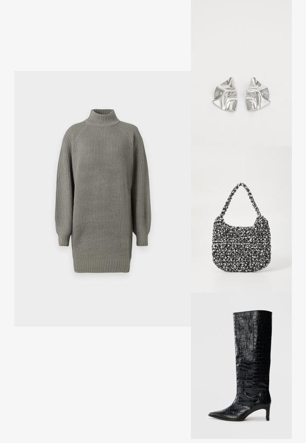 Übergroßer grauer Strickpullover mit hohem Kragen, gerippten Bündchen und strukturierter Oberfläche. Verfügt über gesenkte Schultern und eine lockere Passform.; Schwarze kniehohe Stiefel mit glänzender, krokodilgeprägter Textur, spitzer Zehenpartie und schmalem Absatz. Glattes synthetisches Material.; Gewebte Handtasche in Schwarz und Weiß mit runder Form, strukturiertem Oberflächenfinish und geflochtener Grifffläche. Geeignet für den lässigen Gebrauch.; Silberne Metallohrringe mit einem wellenförmigen, skulpturalen Design, das eine polierte Oberfläche und unregelmäßige Formen aufweist, die eine zeitgenössische Ästhetik betonen.