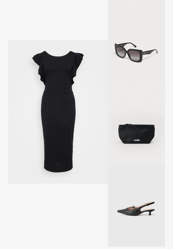 Vestido negro ajustado de tela suave, con mangas acampanadas, un escote redondo y dobladillo a la altura de la rodilla. Diseño simple y elegante.; Zapato de salón slingback de cuero negro con puntera puntiaguda, tacón pequeño, diseño recortado y detalle de hebilla dorada en la correa.; Gafas de sol negras rectangulares con lentes degradados, montura de gran tamaño y adornos de cristal decorativos en los bordes exteriores de las patillas.; Bolsa de nailon negro con fondo plano y redondeado, cierre de cremallera y acento de logo metálico. Textura suave sin patrones visibles.