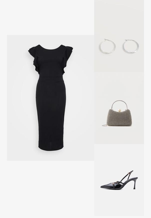 Sort tætsiddende kjole lavet af glat stof, med rynkede ærmer, rund halsudskæring og knælang kant. Simpelt og elegant design.; Sort laklæder spids tå slingback-hæl med tynde stropper og små spænder i guldton på en hvid baggrund.; Lille håndtaske med sølv gittermønster, buet håndtag, stor perle lukning og en tynd sølvkæde strop på en ensfarvet baggrund.; Sølvfarvede metaloorringe med glat, let buet overflade og låsemekanisme på en ensfarvet hvid baggrund.