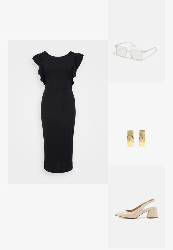 Sort tætsiddende kjole lavet af glat stof, med rynkede ærmer, rund halsudskæring og knælang kant. Simpelt og elegant design.; Spids tå slingback pump i lys beige læder med en lav blokhæl. Har et udskåret design og glat tekstur.; Klare plastiske briller med firkantet ramme og gennemsigtige linser, der har guld accenter på tempelstængerne for ekstra detaljer.; Par guldringøreringe med et tekstureret Chevron-mønster, der går lodret rundt om overfladen på en hvid baggrund.