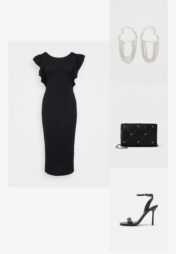 Schwarzes, figurbetontes Kleid aus glattem Stoff, mit Rüschensämlen, einem runden Ausschnitt und einem knielangen Saum. Einfaches und elegantes Design.; Schwarze High-Heels-Sandalen mit schlankem Knöchelriemen und zwei vorderen Riemen. Aus glattem Leder gefertigt, mit einer eleganten spitzen Zehenform und einem Stiletto-Absatz.; Schwarze, gesteppten Satin-Clutch mit silbernen Pyramidennieten, Kettenriemen, rechteckiger Form und glatter Oberfläche. Maße: 10 cm x 18 cm x 4 cm.; Silberne Creolen in Herzform, verziert mit herabhängenden Strängen aus klaren Strasssteinen für zusätzlichen Glanz und Textur.