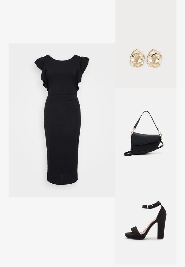 Zwart nauwsluitend jurkje van gladde stof, met ruches op de mouwen, een ronde halslijn en een zoom tot kniehoogte. Eenvoudig en elegant ontwerp.; Anna Field Sandalen - black; Zwarte leren handtas met een gestructureerde afwerking, voorzien van een enkele schouderriem en gouden hardware-accenten. Het ontwerp is strak en minimalistisch.; Gouden metalen studoorbellen met een onregelmatig, glad ontwerp met een reflecterend oppervlak en golvende randen. Geen extra versieringen.