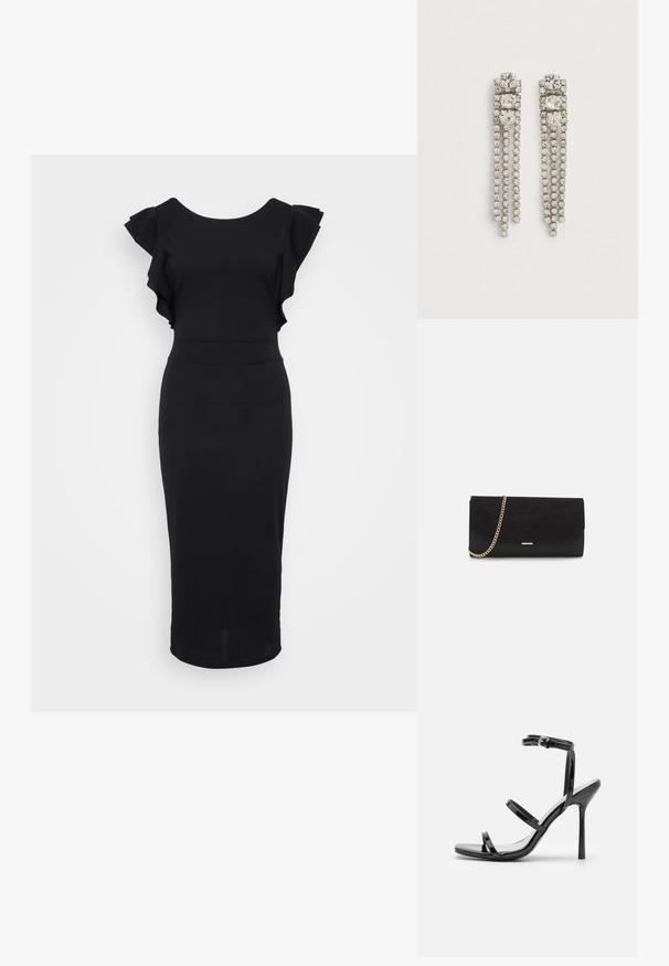 Schwarzes, figurbetontes Kleid aus glattem Stoff, mit Rüschensämlen, einem runden Ausschnitt und einem knielangen Saum. Einfaches und elegantes Design.; Schwarze Lackleder-High-Heel-Sandalen mit drei horizontalen Riemen und einem verstellbaren Knöchelriemen. Schlanke Silhouette und glänzende Oberfläche.; Schwarze Clutch aus Wildleder mit strukturierter Oberfläche, ausgestattet mit einem goldenen Kettenriemen und einem eleganten, kantigen Design.; Hängende Ohrringe aus silberfarbener Metalllegierung mit drei großen quadratischen Kristallen oben und drei Strängen kleiner runder Kristalle, die darunter hängen.