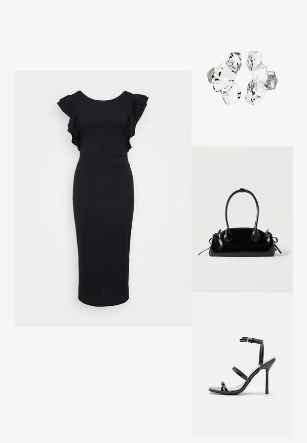 Schwarzes, figurbetontes Kleid aus glattem Stoff, mit Rüschensämlen, einem runden Ausschnitt und einem knielangen Saum. Einfaches und elegantes Design.; Schwarze Lackleder-High-Heel-Sandalen mit drei horizontalen Riemen und einem verstellbaren Knöchelriemen. Schlanke Silhouette und glänzende Oberfläche.; Kleine schwarze glänzende Handtasche mit zwei langen Griffen und seitlichen Kordelzug-Details vor einfachem hellem Hintergrund.; Cluster von sechs unregelmäßig geformten, transluzenten und reflektierenden glasähnlichen Stücken, angeordnet auf weißem Hintergrund.