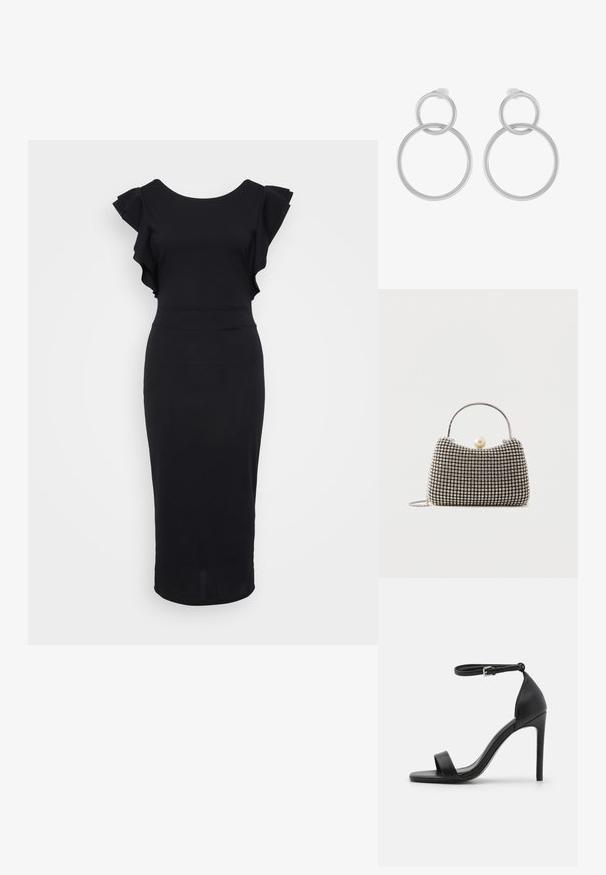 Schwarzes, figurbetontes Kleid aus glattem Stoff, mit Rüschensämlen, einem runden Ausschnitt und einem knielangen Saum. Einfaches und elegantes Design.; Schwarze hochhackige Sandale mit elegantem Design, featuring einem Knöchelriemen, offener Zehenpartie und glattem Lederfinish.; Kleine Handtasche mit silbernem Gittermuster, gebogenem Griff, großem Perlenverschluss und einem dünnen silbernen Kettenriemen auf schlichtem Hintergrund.; Silberne Ohrringe aus Metall mit zwei miteinander verbundenen Kreisen, einem größeren und einem kleineren, mit gebürsteter Oberfläche und Steckverschluss.