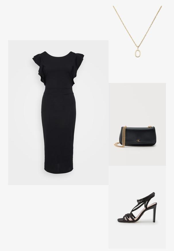 Schwarzes, figurbetontes Kleid aus glattem Stoff, mit Rüschensämlen, einem runden Ausschnitt und einem knielangen Saum. Einfaches und elegantes Design.; Bronx ALADIN - Riemensandalette - black; Schwarze Lederschultertasche mit goldener Kettenriemen und kleinem goldenen "cK"-Logo mittig auf der vorderen Klappe vor einfarbigem Hintergrund.; Goldene Anhängerkette mit ovaler Form, ohne eine solide Füllung, die an einer zarten Kette mit kleinen runden Gliedern hängt.