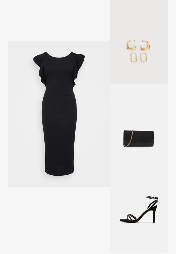 Sort tætsiddende kjole lavet af glat stof, med rynkede ærmer, rund halsudskæring og knælang kant. Simpelt og elegant design.; Anna Field Sandaler - black; Sort clutch taske lavet af ruskind med en struktureret overflade, udstyret med en guld kædestrop og et elegant, kantet design.; To par guldfarvede geometriske hoop-øreringe på en ensfarvet hvid overflade, et par firkantede og solide, et par rektangulære og hule.
