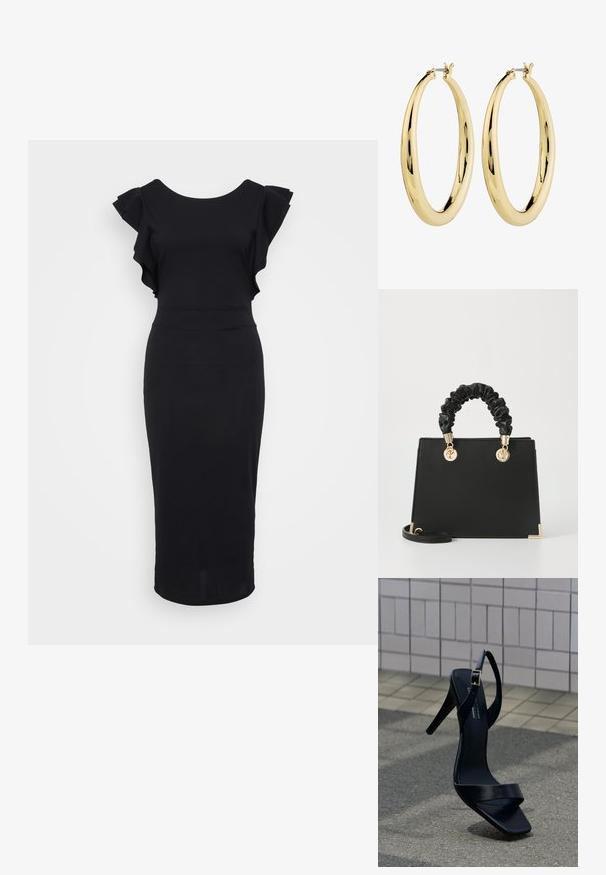 Vestido negro ajustado de tela suave, con mangas acampanadas, un escote redondo y dobladillo a la altura de la rodilla. Diseño simple y elegante.; Sandalia negra de tacón alto con correa en el tobillo y punta cuadrada, situada sobre el pavimento frente a una pared con azulejos.; Bolso de mano negro de cuero con una forma estructurada, asa arrugada y brillante, acentos en oro y una correa desmontable.; Pendientes de aro de oro con un acabado suave y pulido. Forma circular, con un cierre seguro en la parte superior. La superficie refleja la luz.