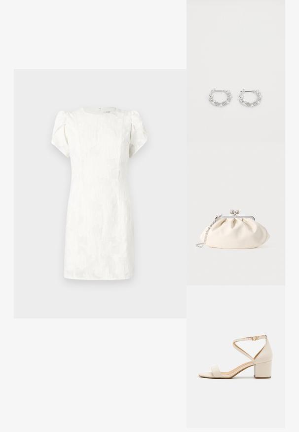Witte jurk met korte mouwen, een textuur van bloemmotieven, een aansluitend silhouet en een verborgen rits aan de achterkant, voorzien van zachte pofmouwen.; Beige blokhak sandalen met een minimalistisch ontwerp, open neus en verstelbare enkelriem met een gouden gesp detail. Zachte textuur.; Crèmekleurige stoffen clutch met een geplooid ontwerp, een zilverkleurig metalen frame, twee decoratieve balletjes en een zilveren kettingriem.; Zilveren oorringen met parel- en kristalaccenten, met een gestructureerd oppervlak en een veilige postsluiting.