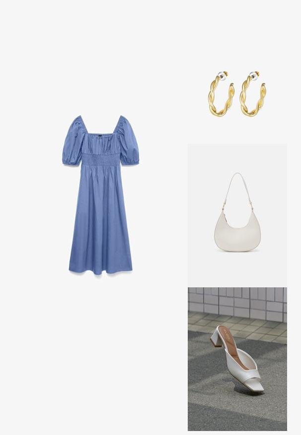 Blauwe midi-jurk met korte pofmouwen, vierkante halslijn en een getailleerd detail in de taille.; Witte muil met open teen, blokhak en bruine binnenzool met label "ALDO", geplaatst op asfalt met een betegelde muur op de achtergrond.; Crème leren schoudertas met een halve maan vorm, dunne schouderband en subtiele stiksels. Minimalistisch ontwerp met gouden hardware accenten.; Gouden gedraaide oorringen met een gladde afwerking, voorzien van een transparante achterkant en goudkleurige hardware.