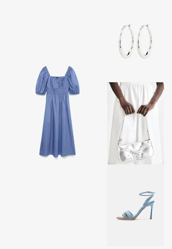 Blauwe midi-jurk met korte pofmouwen, vierkante halslijn en een getailleerd detail in de taille.; Lichtblauwe denim hooggehakte sandaal met enkelriem, open teen en zilveren rits- en sierdetail op de voorste band.; Zilveren metalen handtas met vetersluiting, met een strak ontwerp en een korte schouderriem. De tas wordt vastgehouden in de handen, waardoor de textuur goed tot zijn recht komt.; Zilveren oorbellen in de vorm van een gladde, glanzende ring. Circulaire vorm, voorzien van een veilige sluiting. Eenvoudig en elegant ontwerp.