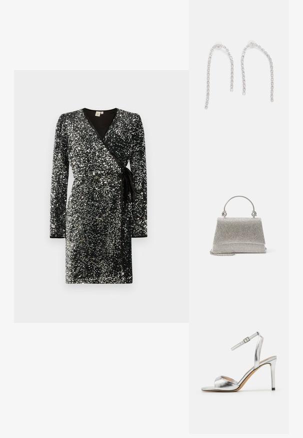 Zwarte wikkeljurk bedekt met zilveren pailletten, met lange mouwen, een V-hals, een cinched taille met een strik en contrasterende zwarte afwerking.; Zilveren hoge sandaal met open teen, metallic textuur en verstelbare enkelband. Heeft een taps toelopende naaldhak en een gladde binnenzool.; ALDO FELISIA - Handtas - silver-coloured; Zilveren oorbellen met hangende kettingen, voorzien van meerdere heldere edelstenen die in een lineair patroon zijn gerangschikt, wat een schitterend effect geeft.