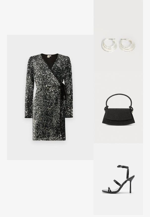 Robe portefeuille noire couverte de paillettes argentées, avec des manches longues, un décolleté en V, une taille cintrée avec un lien, et un contraste de finitions noires.; Sandales à talons hauts en cuir verni noir avec trois sangles horizontales et une sangle de cheville ajustable. Silhouette élégante et finition brillante.; Sac à main noir avec une forme structurée, un matériau texturé, une poignée nouée et une fermeture à rabat. Présente un léger éclat et un matériel minimal.; Boucles d'oreilles créoles en argent avec trois bandes semi-circulaires superposées, dont une ornée de petits cristaux clairs sur un fond clair.