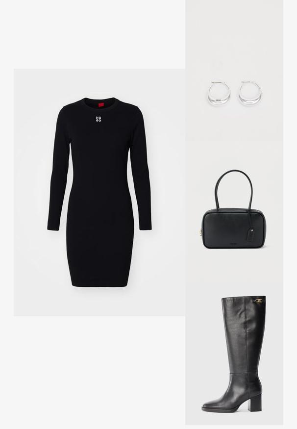 Schwarzes langärmeliges Kleid aus weichem, dehnbarem Stoff. Mit Rundhalsausschnitt und weißem "HUGO"-Logo auf der Brust. Figurbetontes Design.; Schwarze Lederstiefel in Kniehöhe mit einem Blockabsatz, spitzem Schuh und goldenen Hardware-Akzenten near der Oberseite. Glatte Textur mit minimaler Naht.; Schwarze rechteckige Handtasche mit doppelten, abgerundeten Griffen, goldfarbenem Reißverschluss und geprägtem „HUGO“-Logo auf der Vorderseite sowie angebrachtem Lederanhänger.; Silberne Creolen mit glänzender Oberfläche und DKNY-Logo, vor einem schlichten weißen Hintergrund präsentiert.