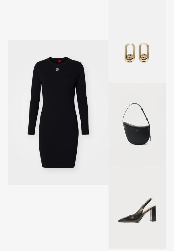 Čierne dlhé rukávy šaty z mäkkého, elastického materiálu. Majú okrúhly výstrih a biele logo "HUGO" na hrudi. Priliehavý strih.; Čierna kožená slingback obuv s špicatou špičkou, vysokým hrubým podpätkom a béžovou vnútornou podšívkou na svetlom jednofarebnom pozadí.; Čierna kožená kabelka cez rameno v tvare polmesiaca s nastaviteľným popruhom a zlatým logom "BOSS" v strede na prednej strane.; BOSS DOUBLE B SWING - Náušnice - gold-coloured