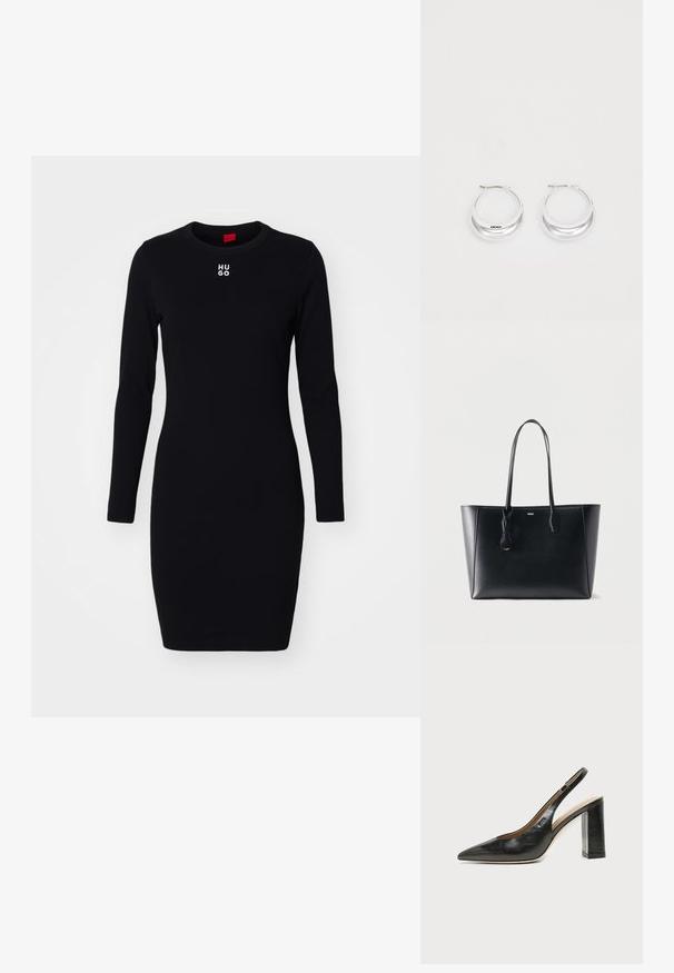 Schwarzes langärmeliges Kleid aus weichem, dehnbarem Stoff. Mit Rundhalsausschnitt und weißem "HUGO"-Logo auf der Brust. Figurbetontes Design.; Schwarzer Leder-Slingback-Schuh mit spitzer Kappe, hohem Blockabsatz und beigegefüttertem Innenraum vor hellem, einfarbigem Hintergrund.; Schwarze Leder-Shopper-Tasche mit langen Trägern und kleinem goldenem "BOSS" Logo auf der Vorderseite, präsentiert vor einem schlichten, hellen Hintergrund.; Silberne Creolen mit glänzender Oberfläche und DKNY-Logo, vor einem schlichten weißen Hintergrund präsentiert.